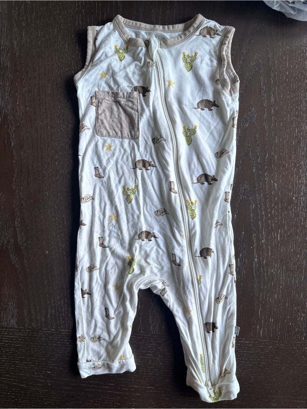Kyte Sleeveless Armadillo & Cactus Print Baby One-Piece - White with Tan Trim